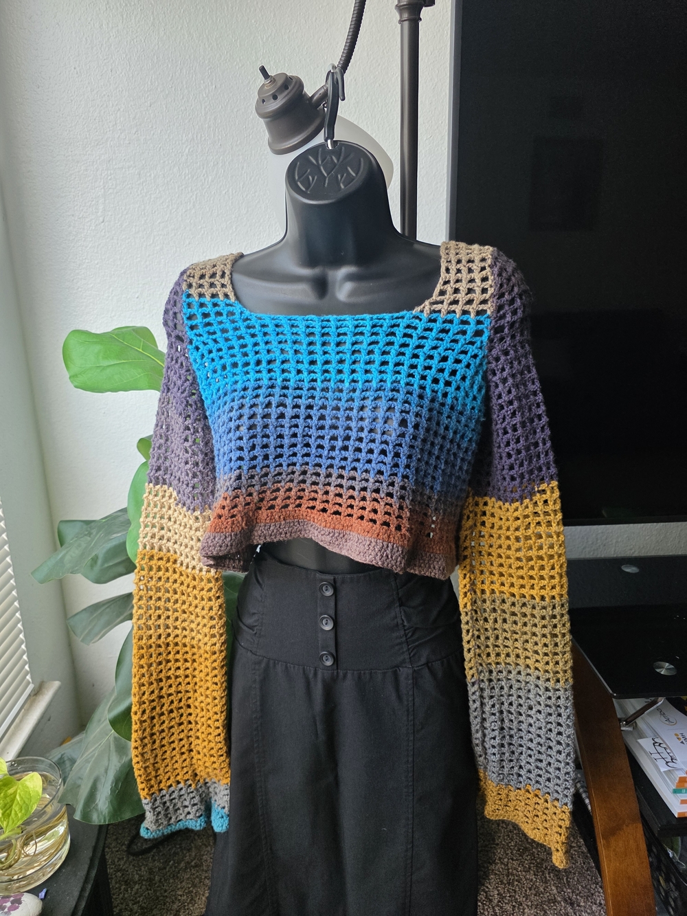 Handmade Multi-Color Crochet Open-Weave Cropped Top